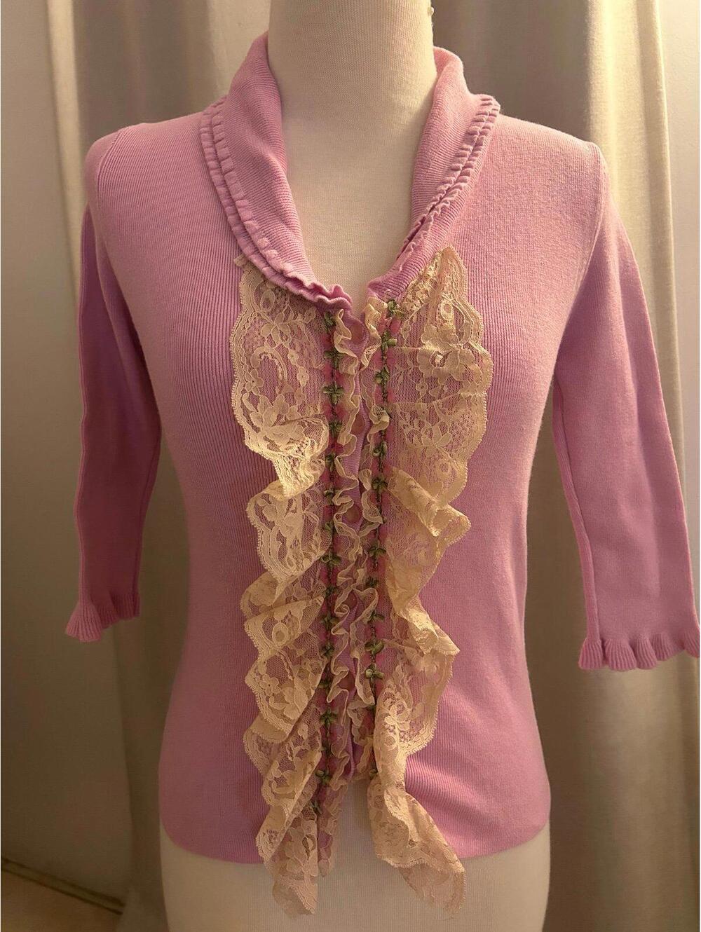 Niccolo Chino Lavender Purple Cardigan Cream Lace Ruffle FrontCottagecore S/M